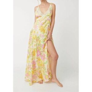 NWT FREE PEOPLE All A Bloom Maxi Satin slip Dress Lily Combo lace romantic XL